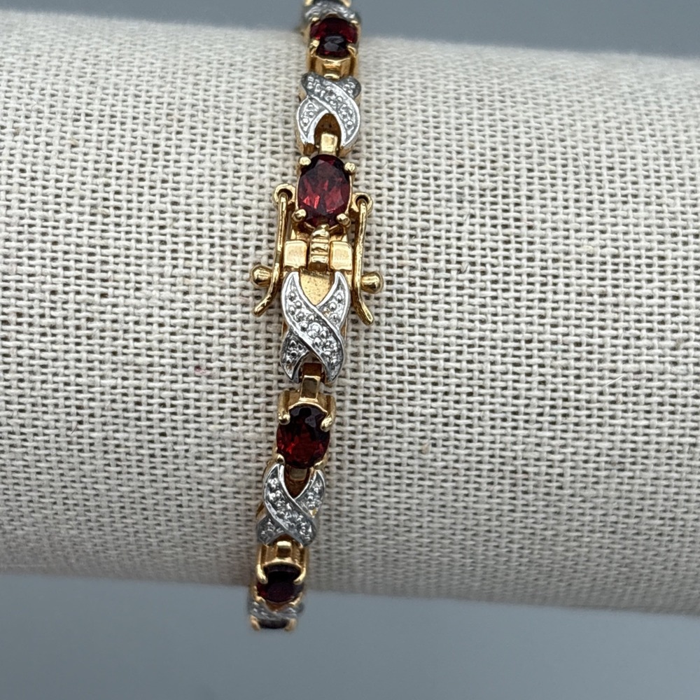 Tennis Bracelet & Earrings Set Garnets & Rhinestones Gold Tone Red Stunning GIFT - Picture 11 of 15